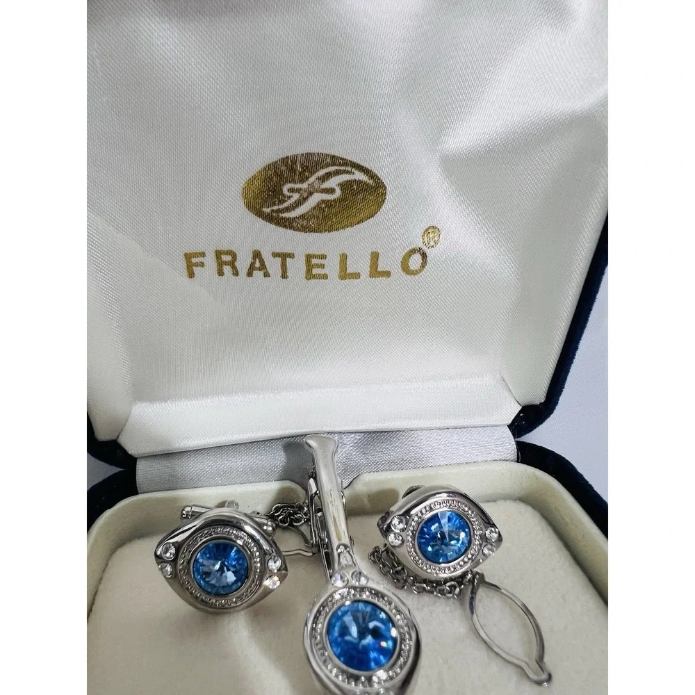 Vintage Fratello Cufflinks & Tie Bar Set Silver Tone Blue Accent Classic Elegant